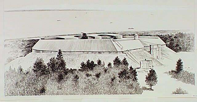 Oblique view of Battery Potter. The United States Army operated its first and only lift gun battery here from 1893 to 1906.