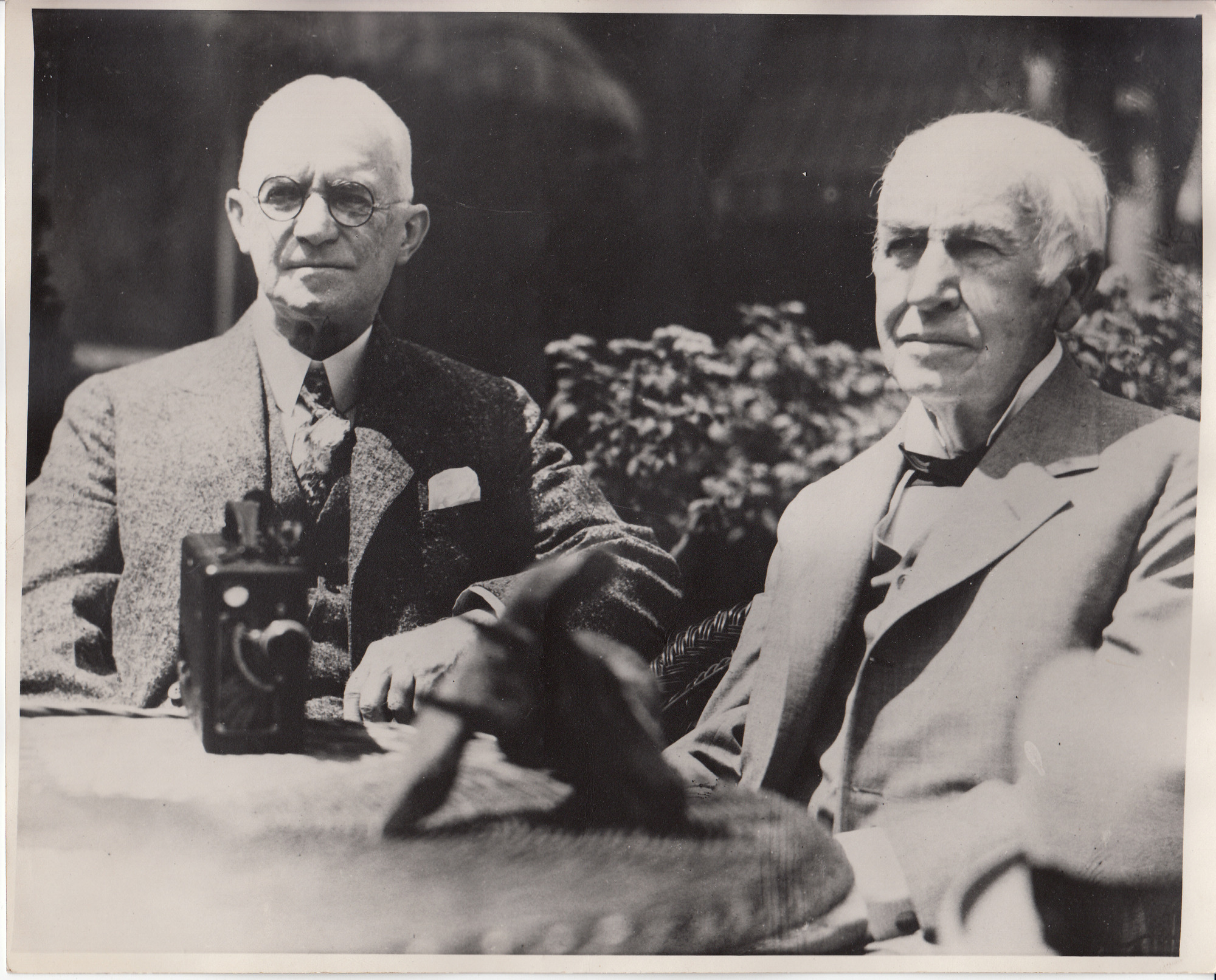 George Eastman and Thomas Edison at the introduction of Kodacolor film at Eastman's house.