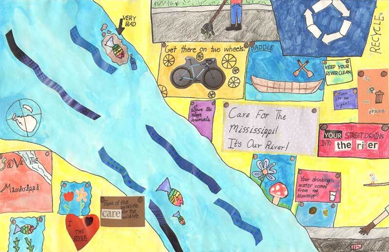 A drawing of a river with fish.  