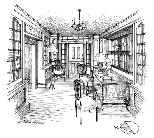 Interpretive Period: 1935-1950. Illustration depicts the Weir library.