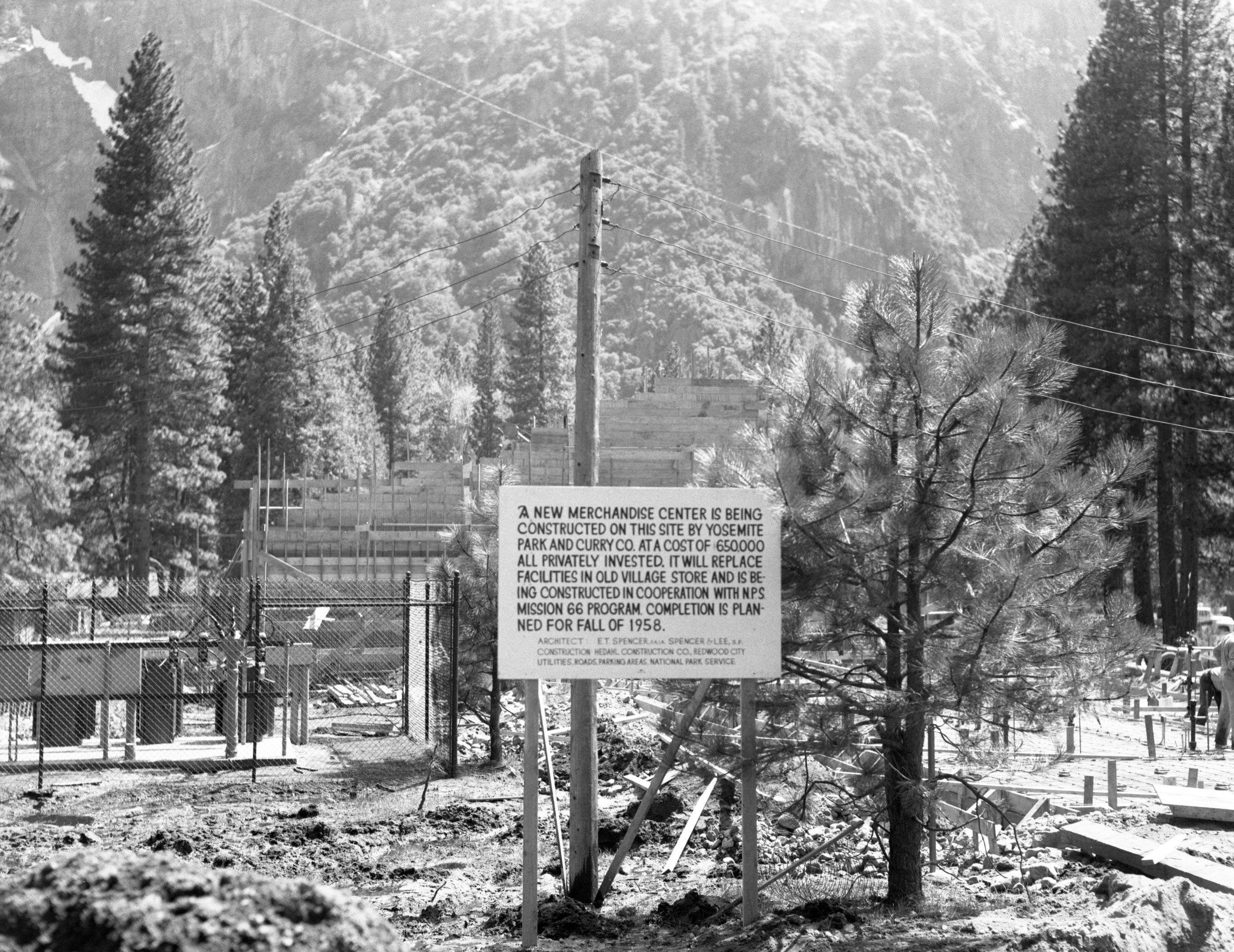 New Merchandise Center Under Construction, Yosemite Village. Mission 66 Cooperative project.