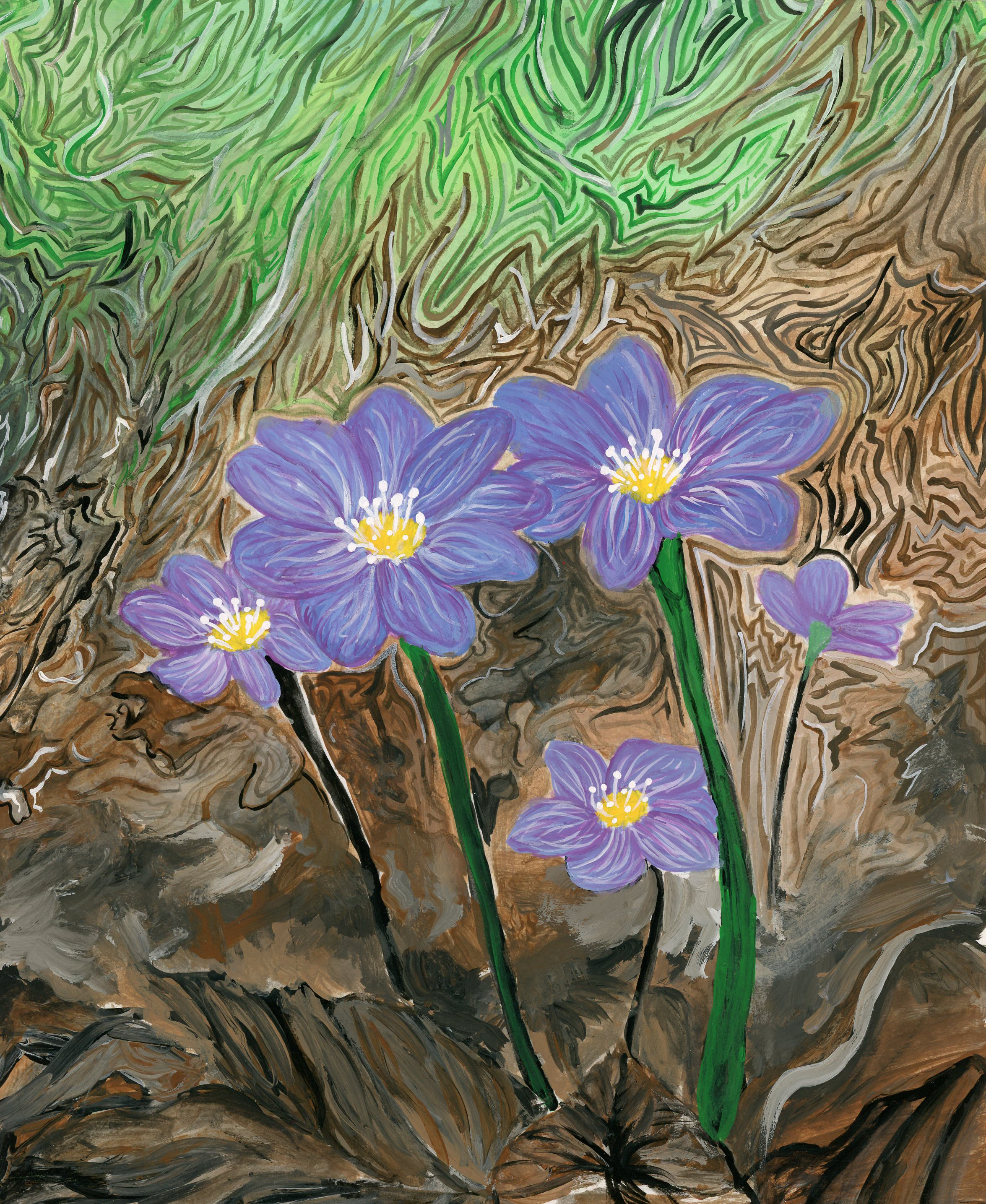 artwork of blue wildflowers with green and brown background