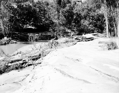 Flood damage - remains of Birch Creek suspension footbridge at Court of the Patriarchs.