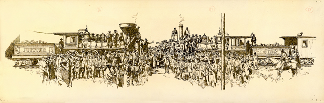 Scene of the completion ceremony after the last rail has been laid and the "golden spike" driven in at Promontory, Utah