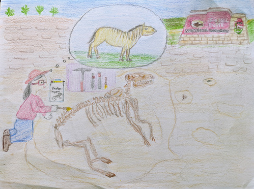 Color pencil drawing of a paleontologist using tools to dig fossil bones out of the ground with an inset image showing the living animal. A park sign for Fossil Butte is shown the distance.