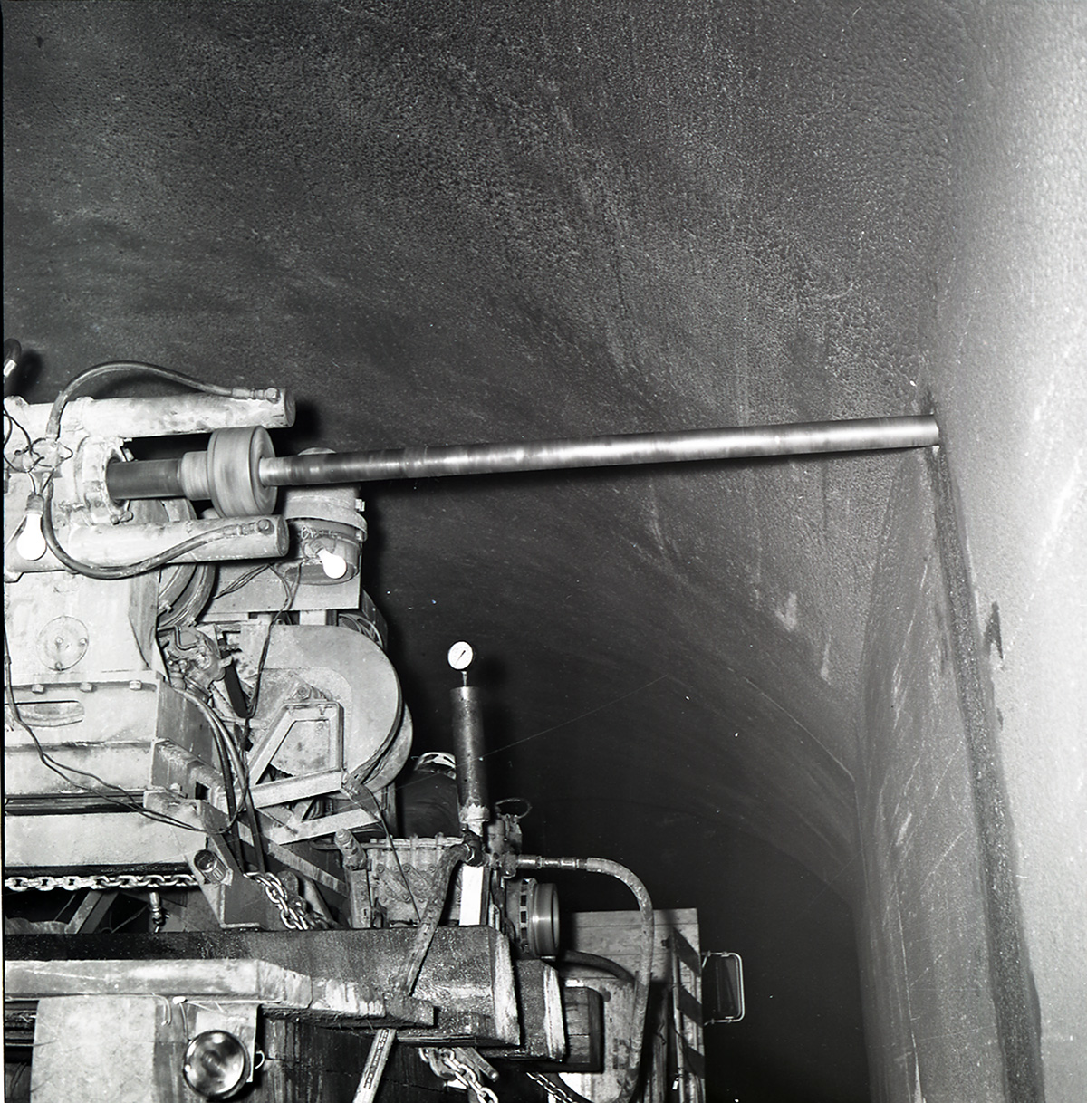 Machinery, crews drilling test cores in Zion-Mt. Carmel tunnel.