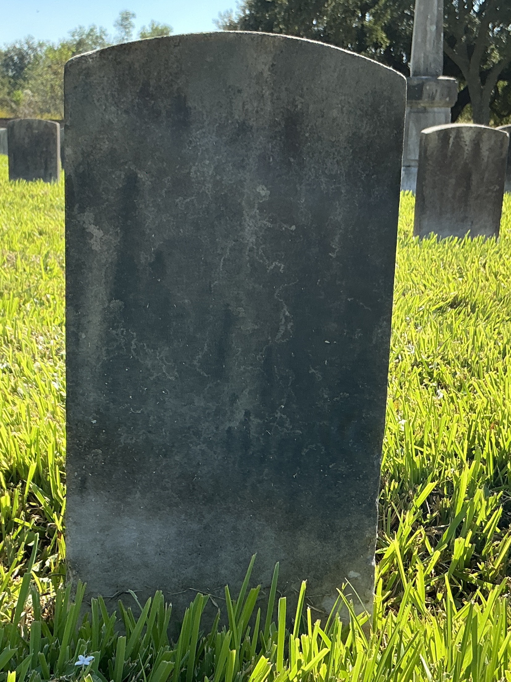 Back of historic upright marble headstone with recessed shield face.
