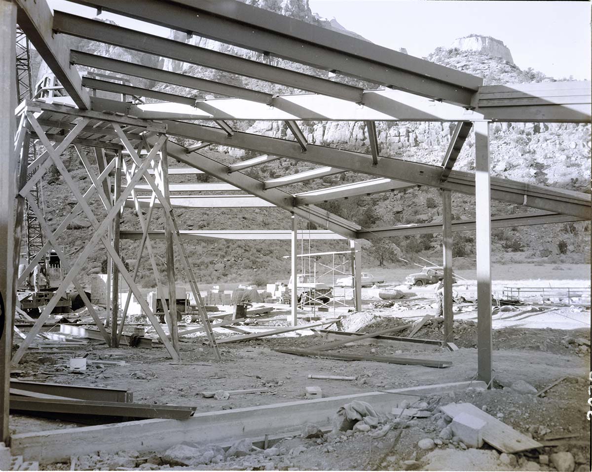 Steel framework for lobby for Mission 66 Visitor Center and Museum construction.