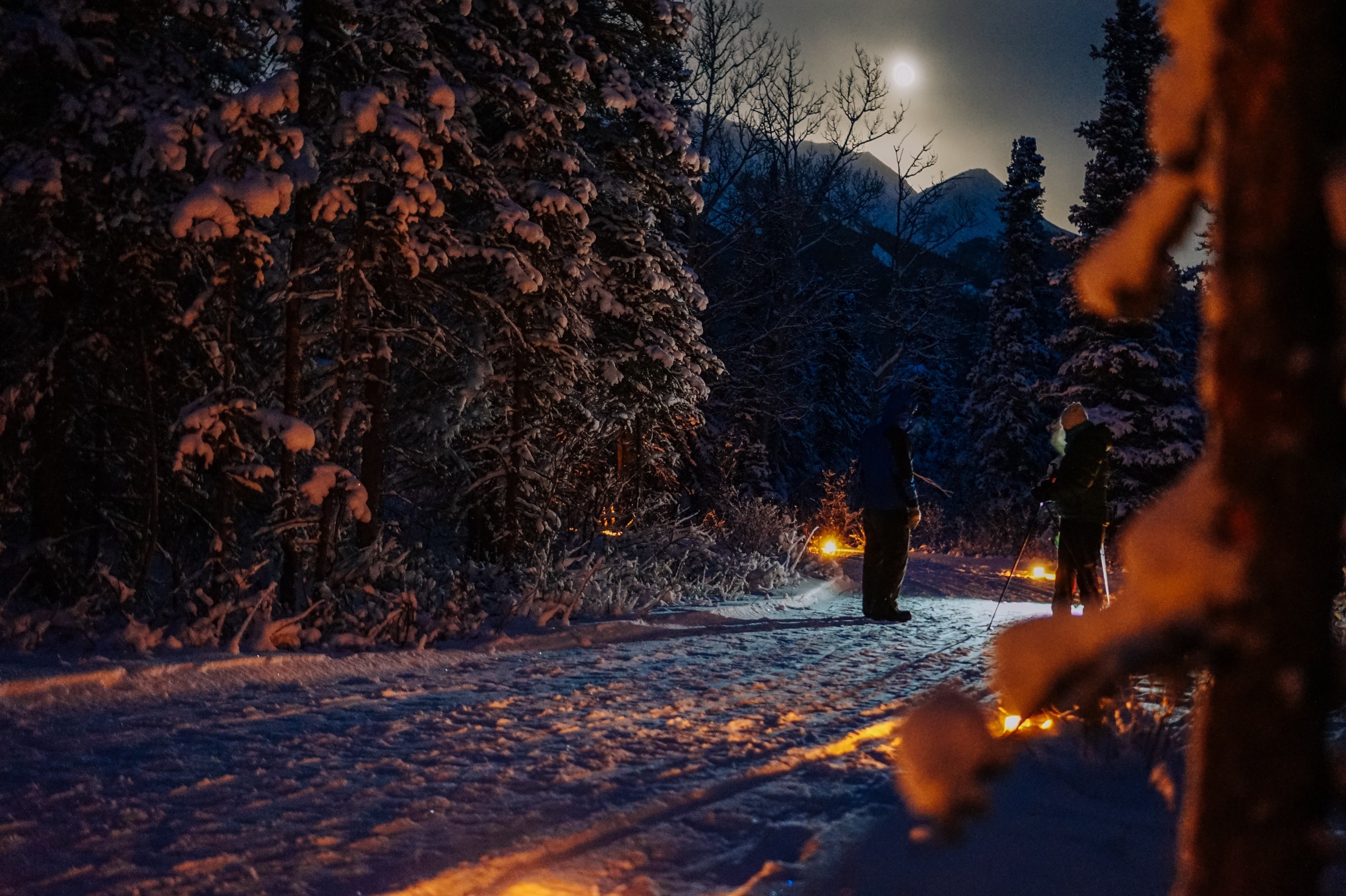 two people on a snowy trail in a forest near luminaria 