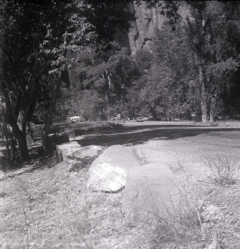 Road lined with stones leading to parking area near the Grotto.