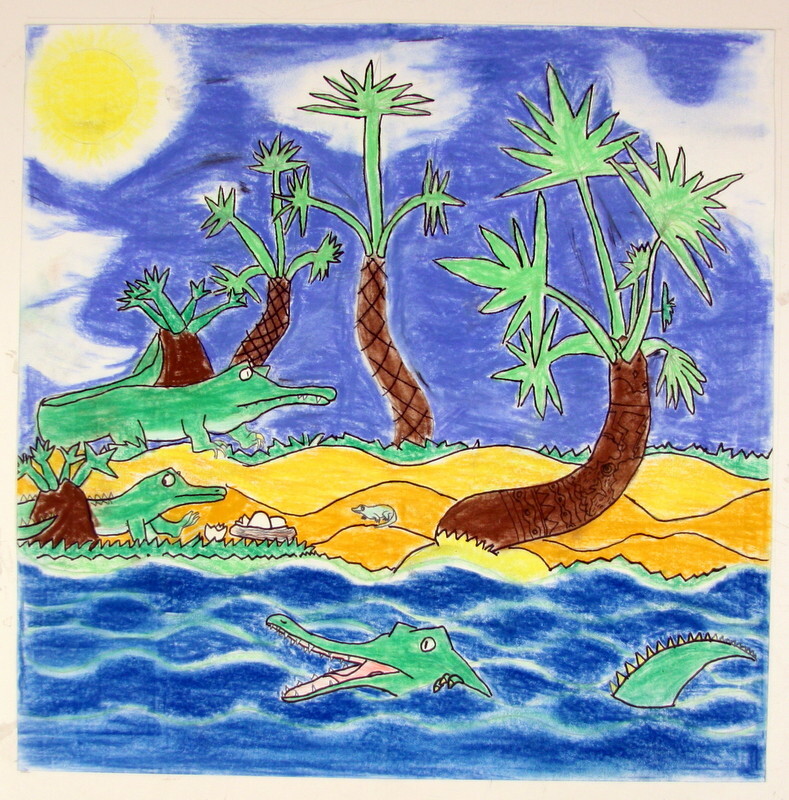 Crocodiles swim in front of a palm tree covered island