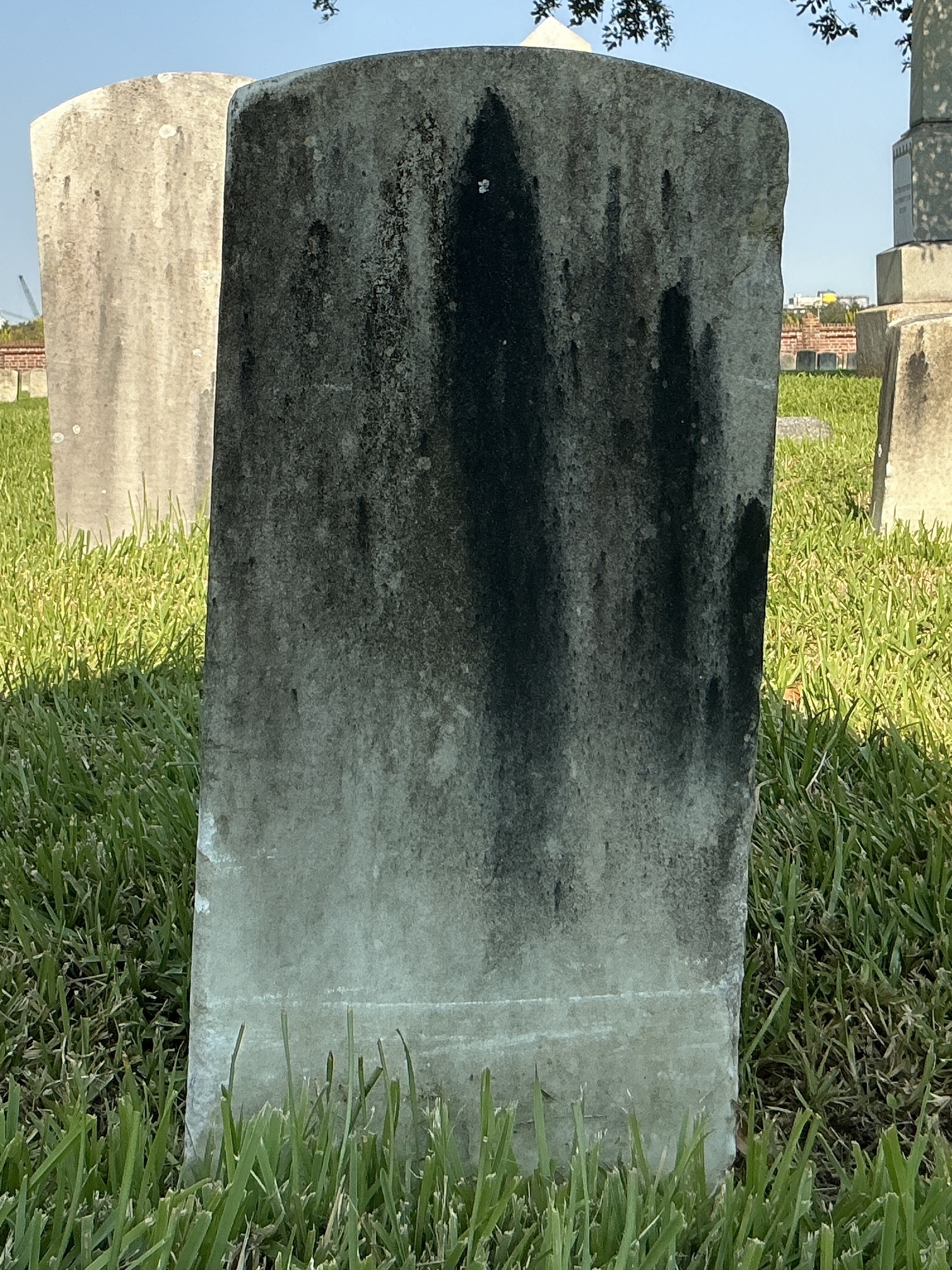 Back of historic upright marble headstone with recessed shield face.