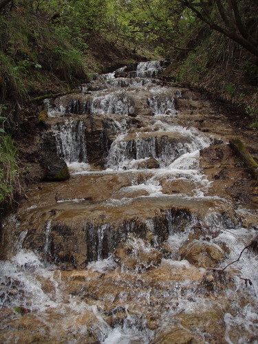 A waterfall that looks like a flight of stairs, viewed from the bottom of the falls.