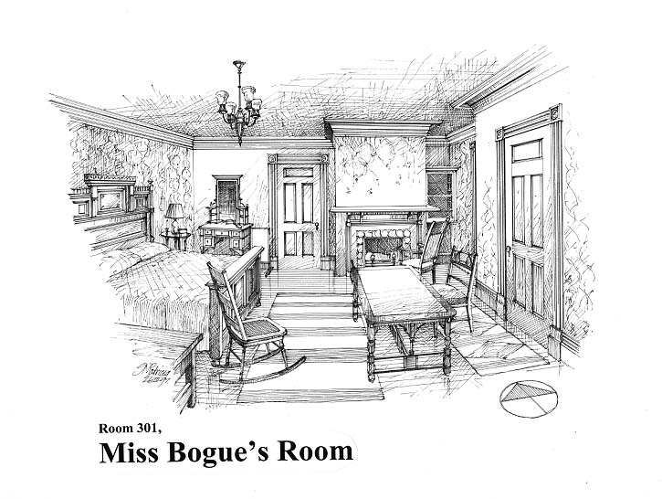 Interpretive Period: 1930. Illustration depicts Miss Bogue's Room (Room 301).