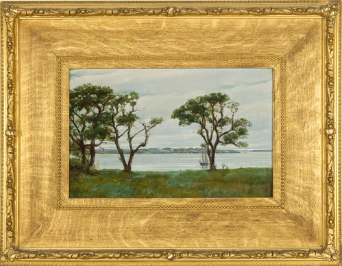 A painted landscape view through trees toward a distant bay.