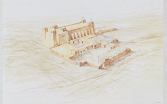 Pecos Mission Complex showing church and convento as it would have appeared in the 17th century.