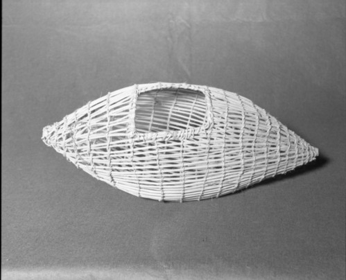 Mrs. Donald Segerstrom Collection. Object: Paiute fish trap. Dimensions: 20" length. Materials: Entirely willow. Technology: Twined with scraped whole willow shoots, down to right slant of turns, opening bound with split willow shoots. Photographed by Michael Dixon. Catalogued by Craig Bates and Barbara Beroza. Yosemite Collections, National Park Service. 1/83.