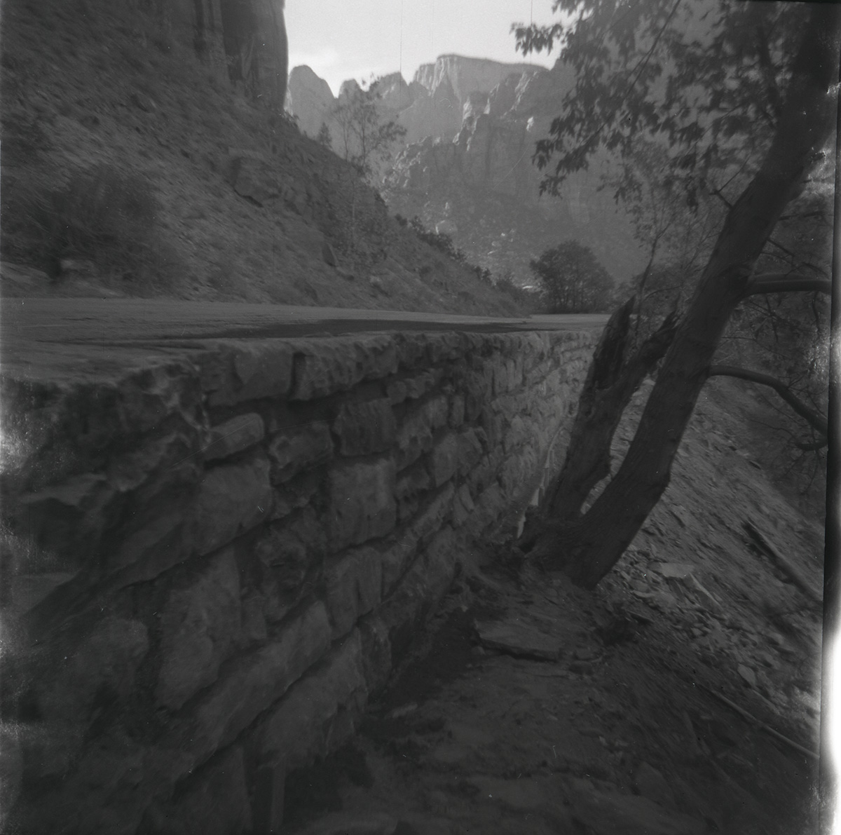 Completed rock retaining wall alongside road at the Zion-Mt. Carmel Highway tunnel.