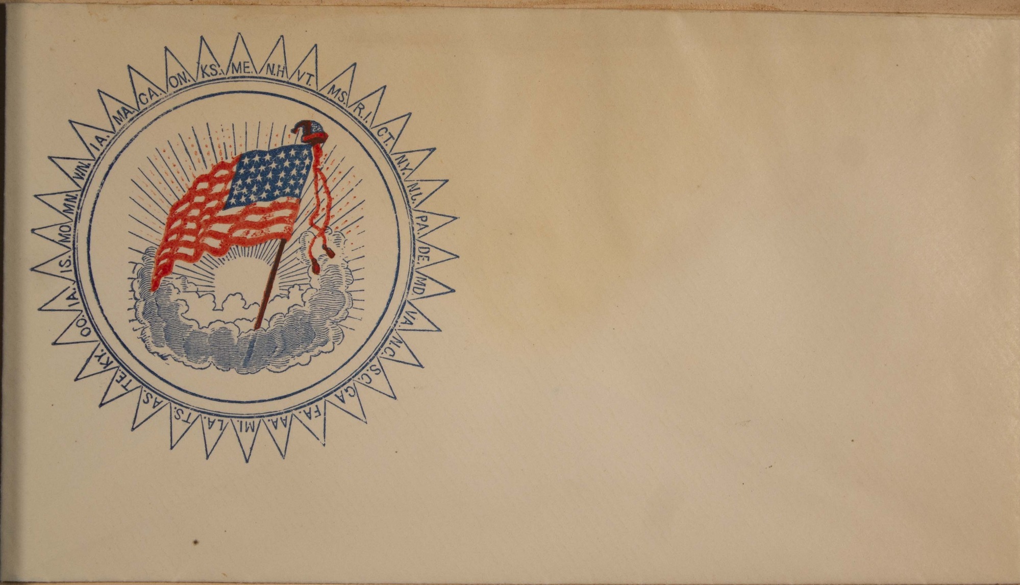 American flag in circle surrounded by state abbreviations.