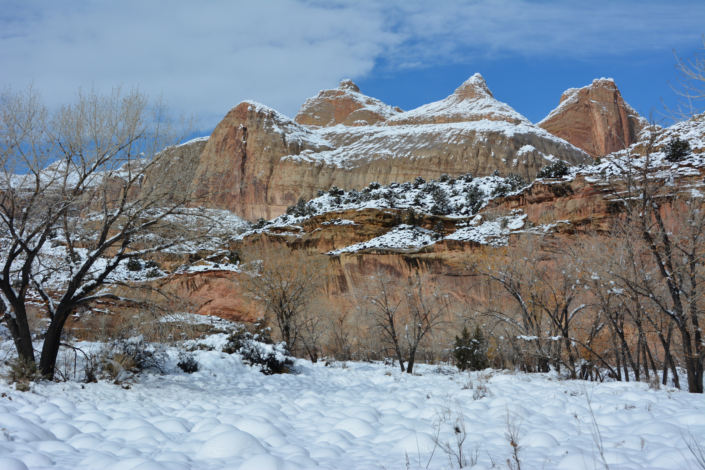 Snow-covered tan and golden rock peaks, domes, and red cliffs, with snow on the ground, some bare trees, and blue skies with some white clouds above.