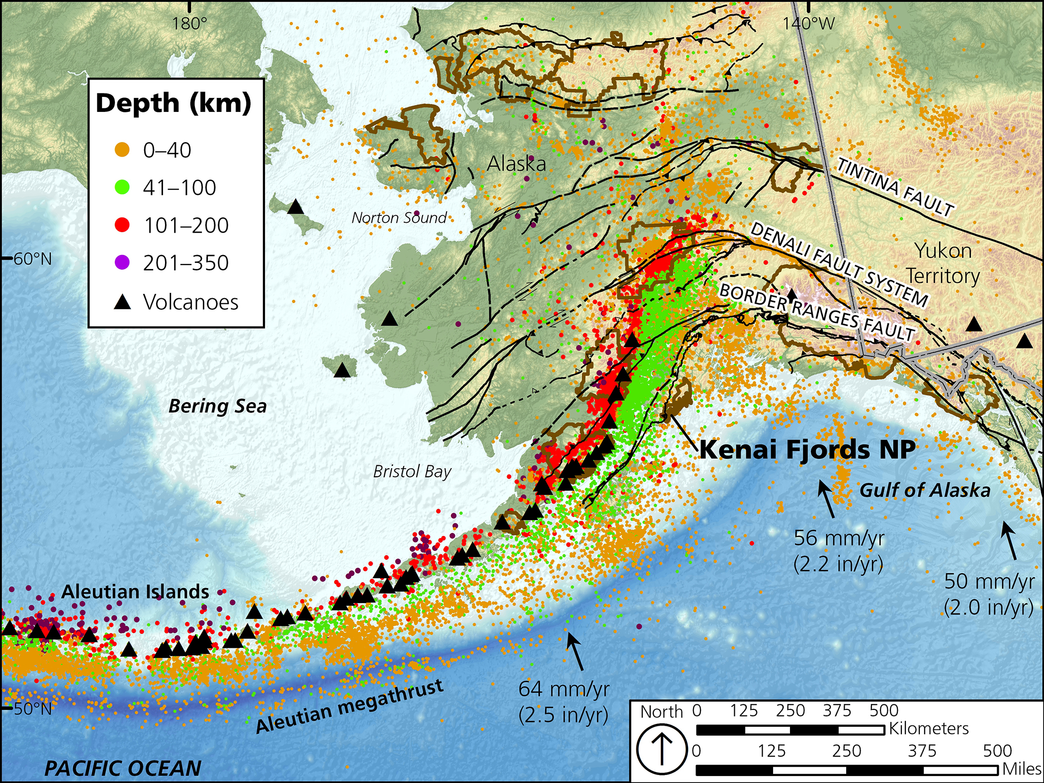 Map of earthquake epicenters greater than magnitude 3.0, colored by depth (1889 to present). The Aleutian arc volcanoes (black triangles) form above the subduction zone where the Pacific plate reaches a depth of 100 km (where the earthquake epicenters transition from red to purple). The Pacific plate motion is to the northwest at rates between 50 and 64 mm per year. Earthquake depths beneath Kenai Fjords National Park are primarily between 0 and 40 km.