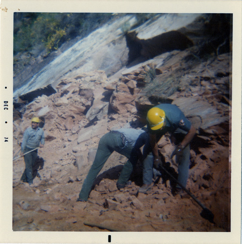 Men working on the construction of slide control wall along Kolob Canyon Road.