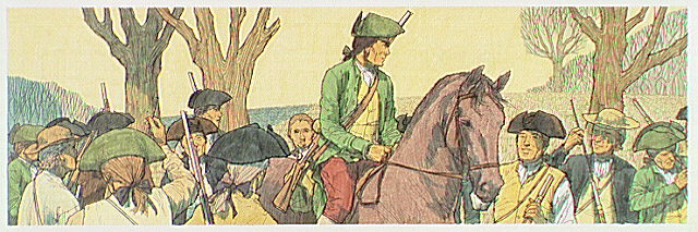 Colonial soldiers preparing their muskets for battle.