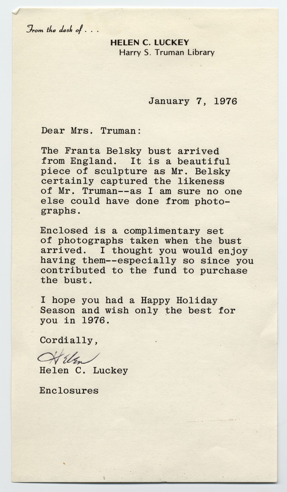 A letter typed on white stationary.