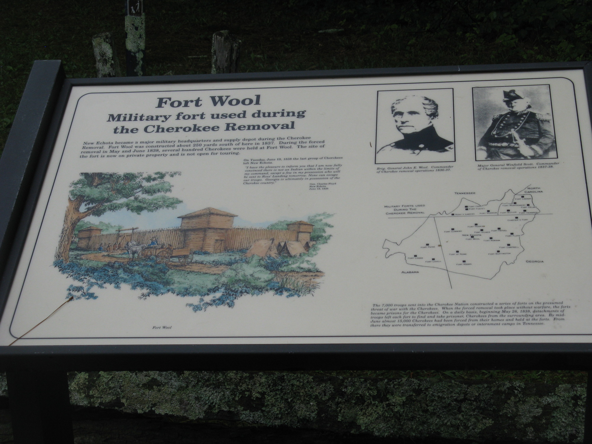 A wayside tells the story of "Fort Wool" at New Echota Historic Site in Gordon County, Georgia
