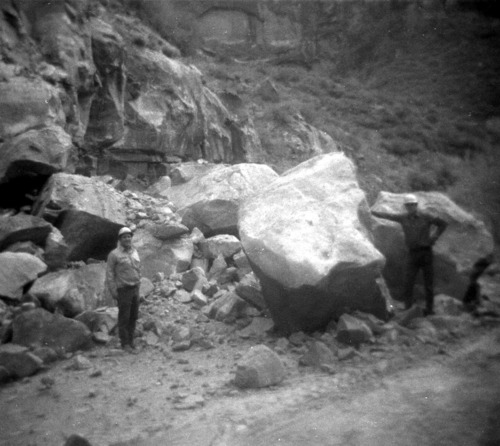 BW Photo of a rock slide in the Grotto area.
