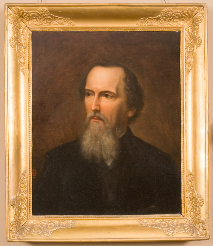 Bust-length painting portrait of man with gray beard, in gold frame