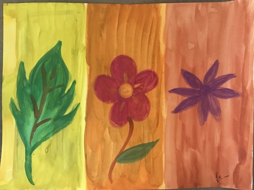 A painting of a tree leaf and two flowers.