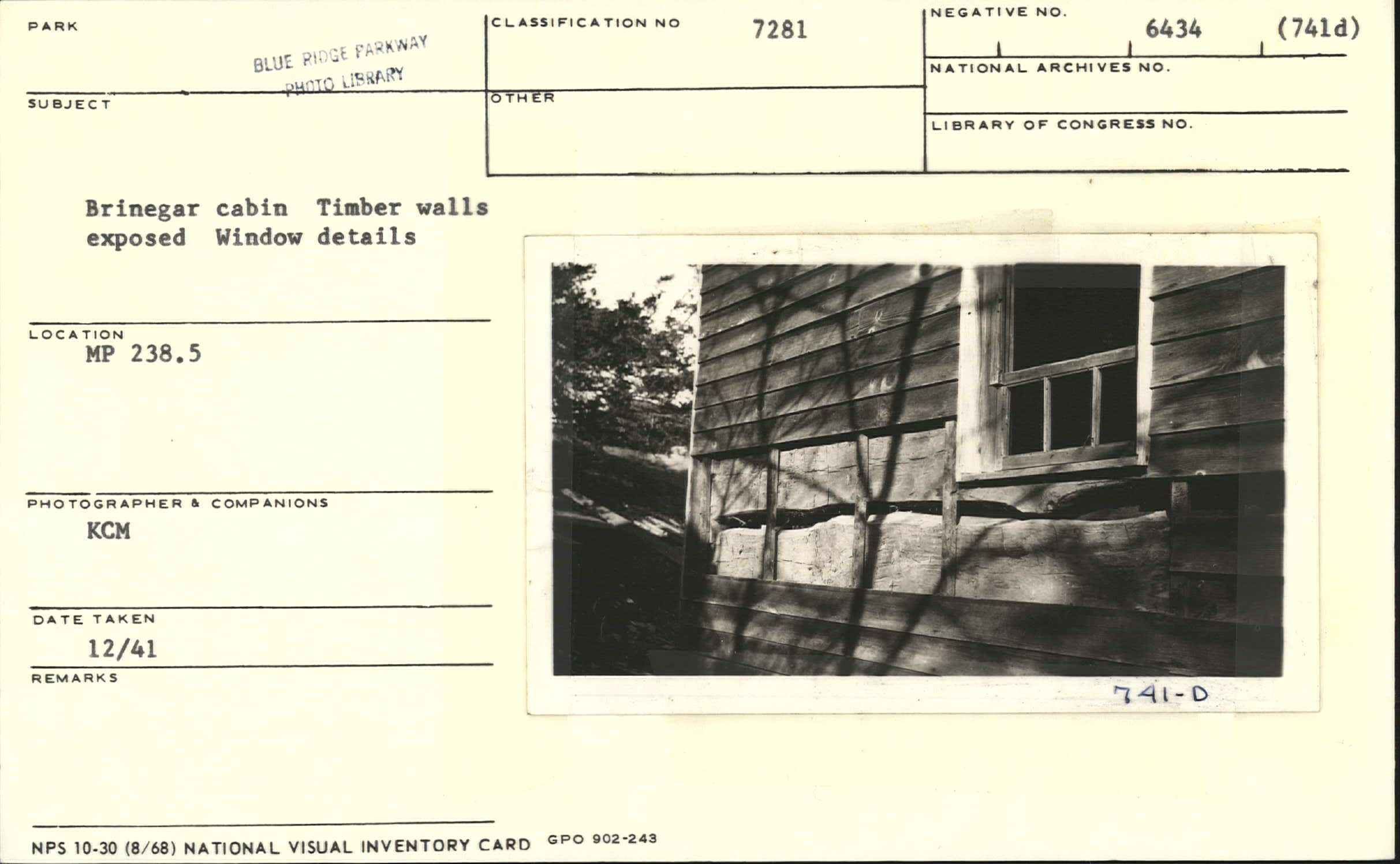 Brinegar Cabin, showing timber walls exposed and window details