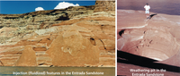 Two photographs of fluidized injections of sandstone into Entrada Sandstone and a weathering pit that formed on a sandstone pipe. 