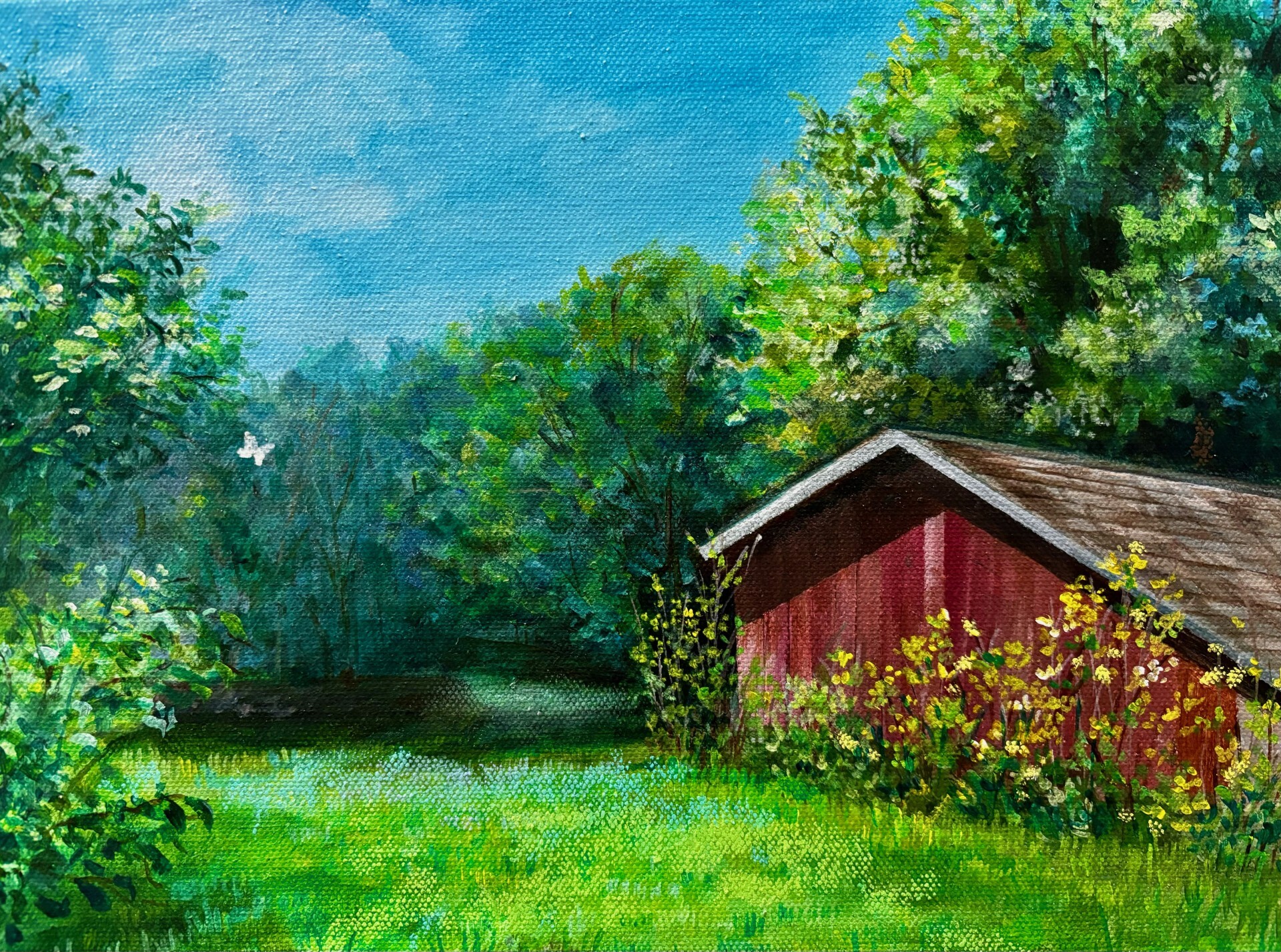 A painting of a red barn, in the background there are many trees and a blue sky, with a white butterfly in the foreground