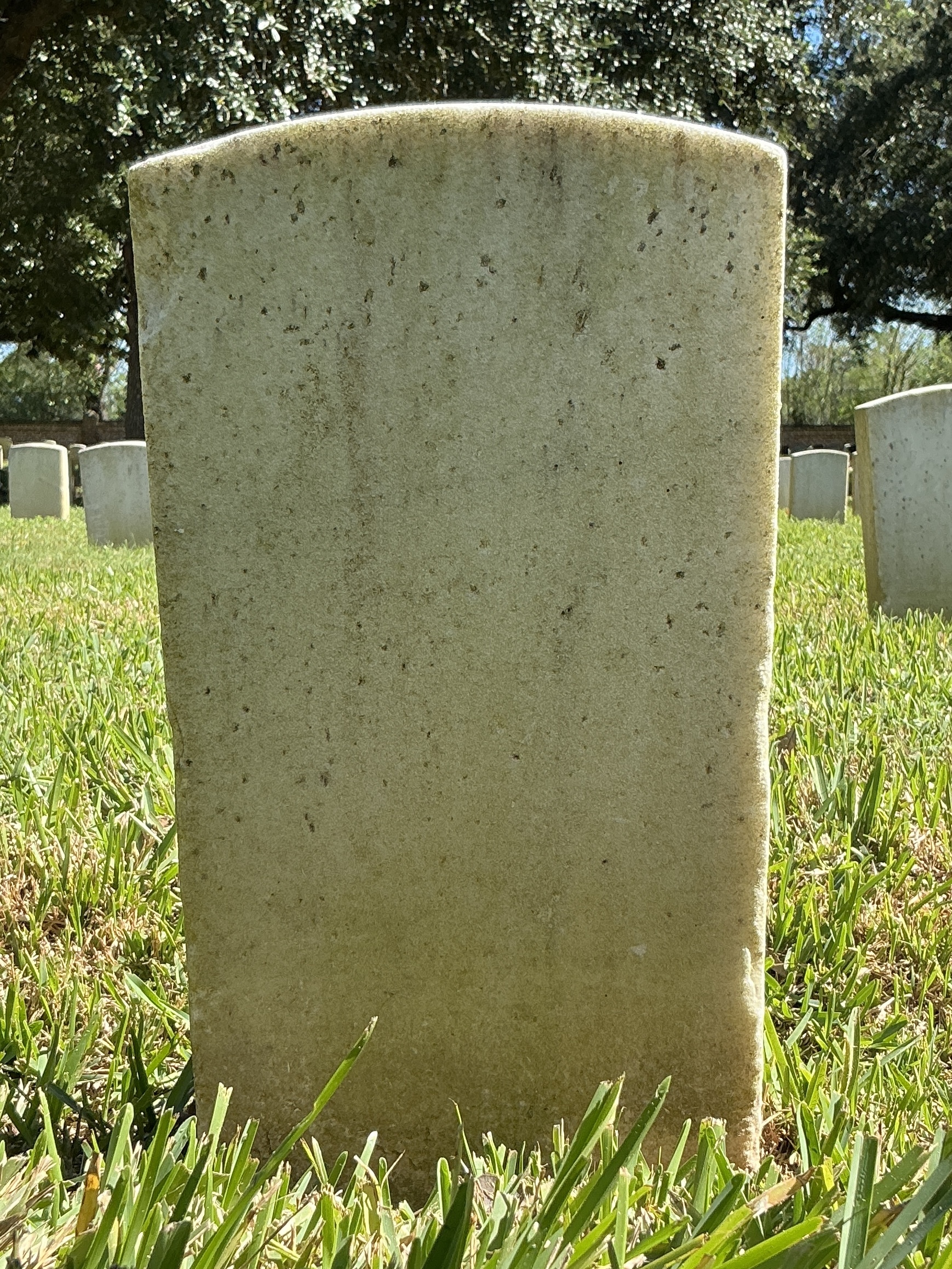 Back of historic upright marble headstone with recessed shield face.