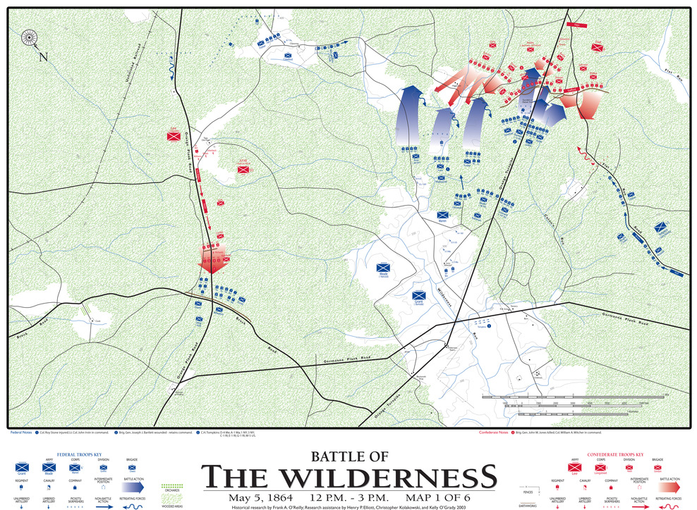 A troop movement map showing a battle scene with regiments, brigades, and divisions, with United States as blue and Confederates as red. Map shows two parallel roads with a road connecting the two across the bottom. A small number United States troops line up along the bottom intersections, while small numbers of Confederates line up above them.  The United States troops on the right assault Confederates above, while the smaller number of Confederate troops on the left assault a very small number of United States troop below them.