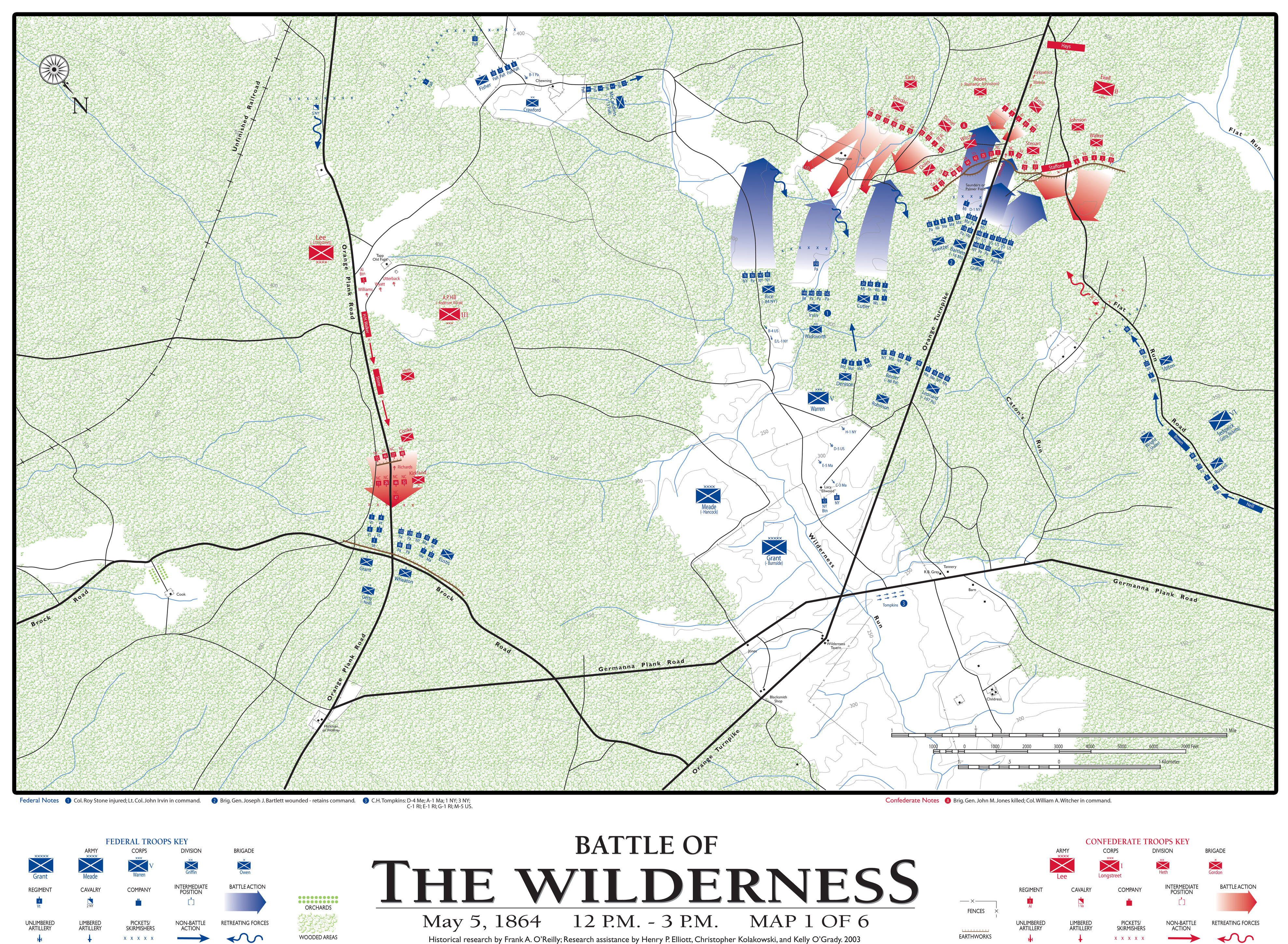 A troop movement map showing a battle scene with regiments, brigades, and divisions, with United States as blue and Confederates as red. Map shows two parallel roads with a road connecting the two across the bottom. A small number United States troops line up along the bottom intersections, while small numbers of Confederates line up above them.  The United States troops on the right assault Confederates above, while the smaller number of Confederate troops on the left assault a very small number of United States troop below them.
