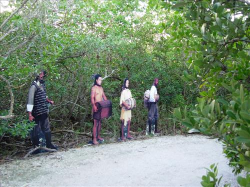 Cutout exhibits of 16th century explorers and Native Americans on the nature trail at De Soto National Memorial in Dec. 2004
