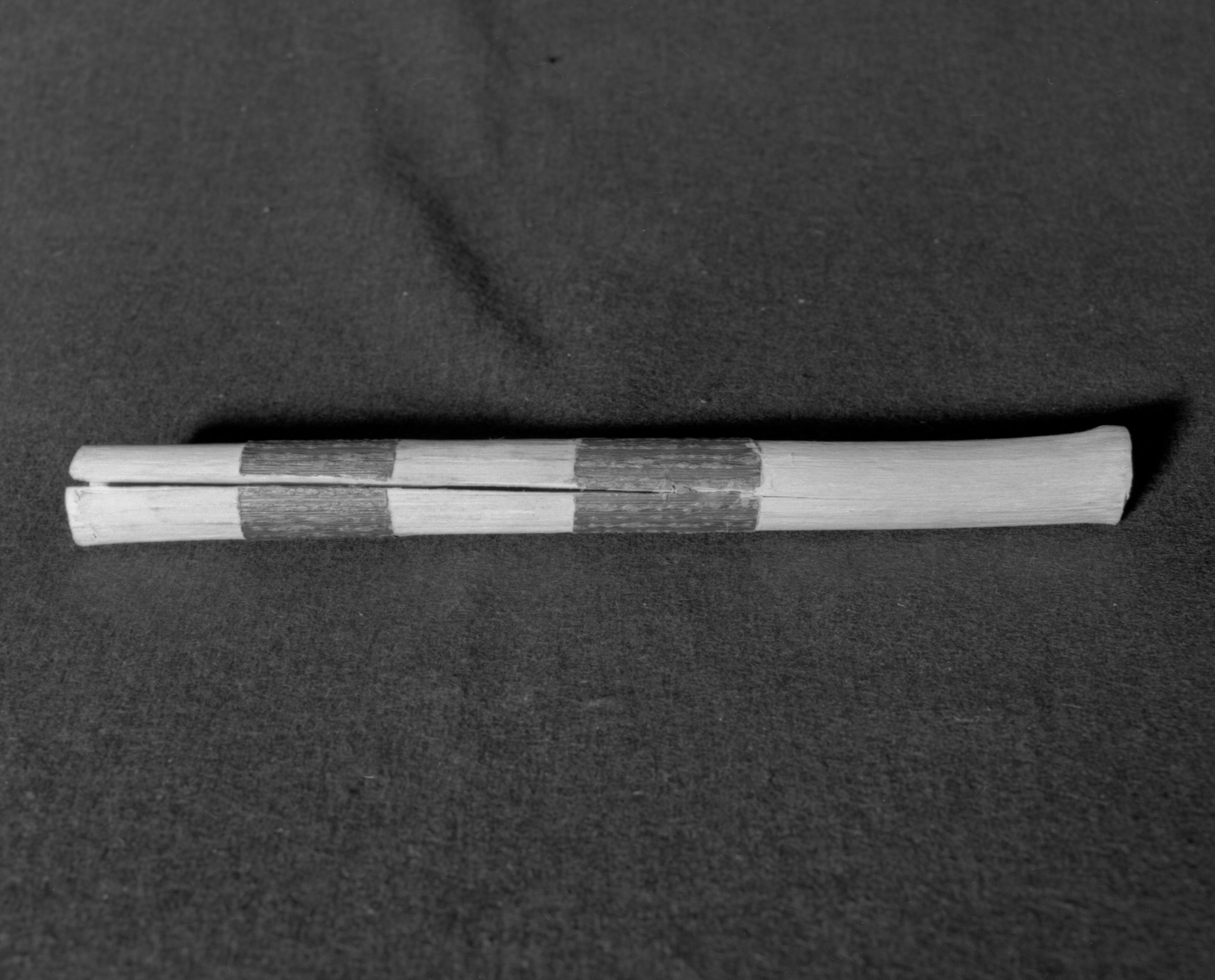 Marie Rozier Collection, Catalog No. 181. Object: Miwok clapstick. Dimensions: 12". Materials: Elderberry. Collection History: Made by John Kelly 1968. Photographed by Michael Dixon in December 1982. Catalogued by Craig Bates and Barbara Beroza. Yosemite Collections, National Park Service.