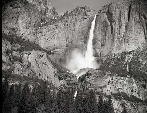 Yosemite Falls. Upper fall from roadside west of Chapel. Record of snow cone demise.