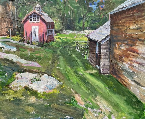 A painting of a grassy walkway with a red building with a brown barn.