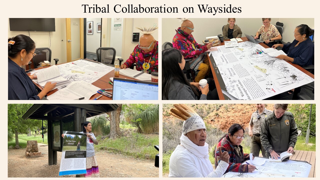 A collage shows Indigenous community members and park staff collaborating at tables with documents and maps, reviewing outdoor displays, and taking part in site discussions about wayside projects. Text reads "Tribal Collaboration on Waysides".