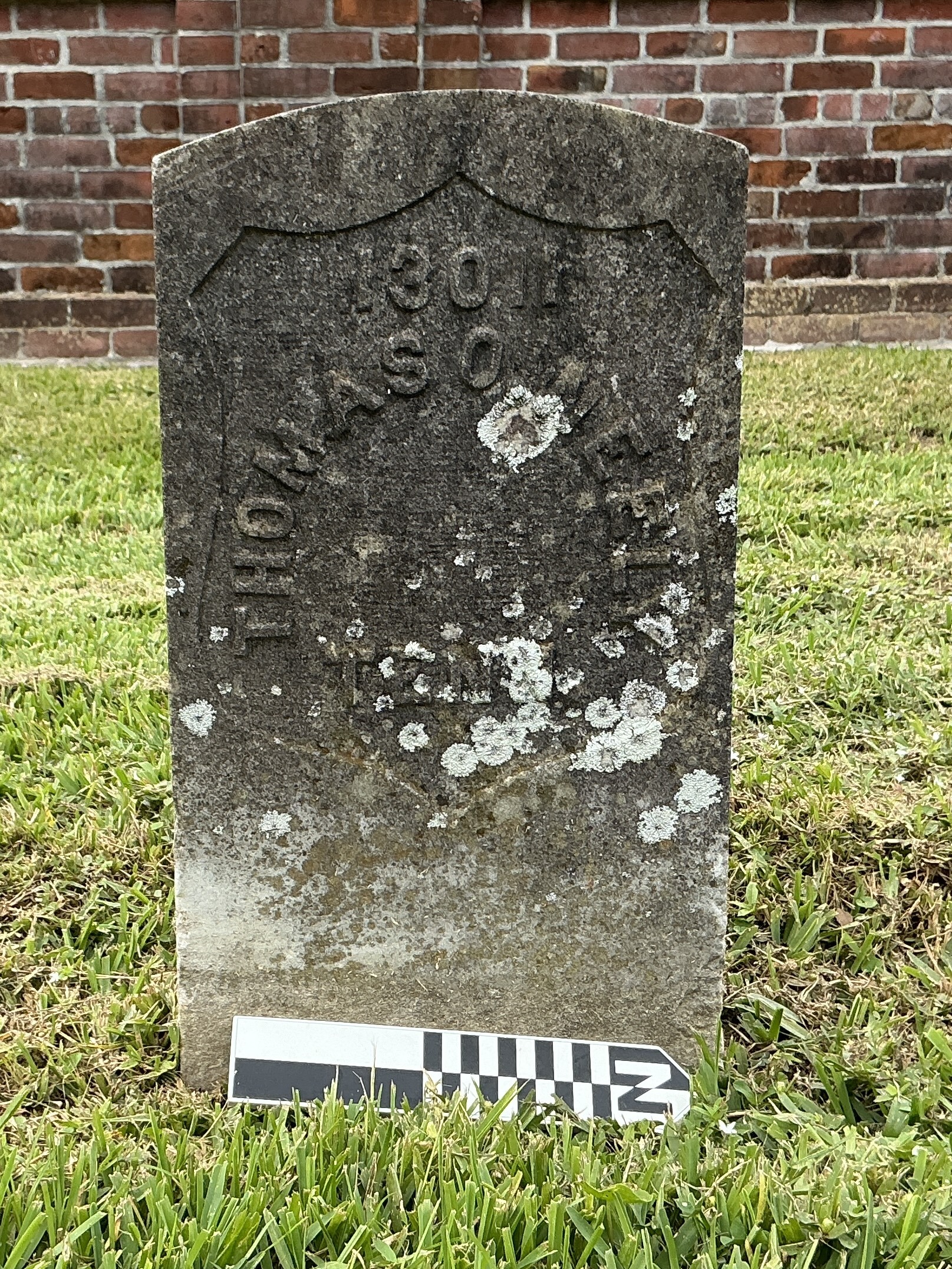Extra image of historic upright marble headstone with recessed shield face.