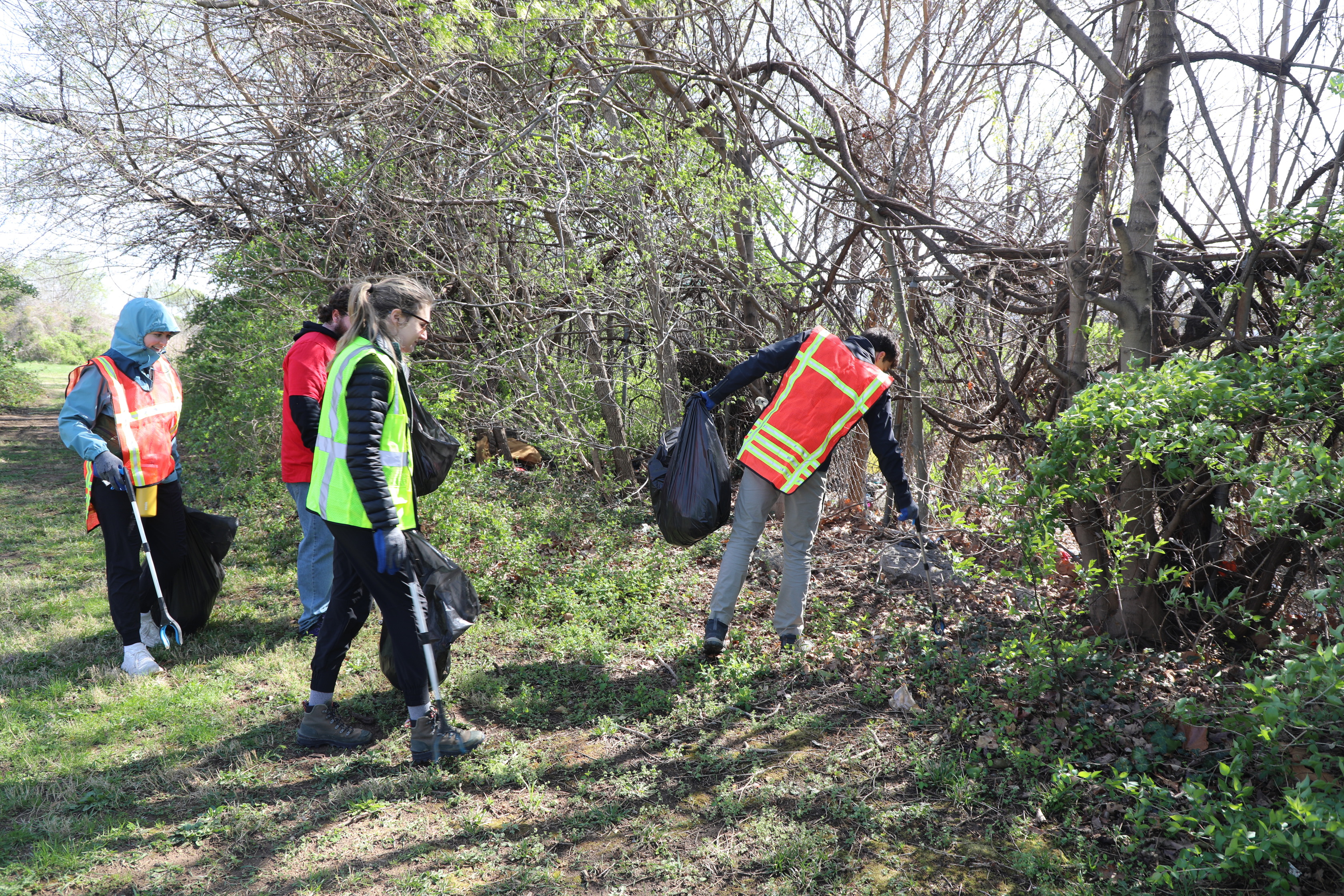 A group of four individuals are cleaning up litter along the edge of a wooded area. From left to right: a person in a blue hooded top and orange safety vest uses a trash grabber with a black bag; a person in a red shirt and dark pants holds a black bag; a person in a bright yellow-green safety vest over dark clothing holds a black bag and a trash grabber; and on the far right, a person in an orange and black safety vest is bent over, picking up trash from among dense bushes and fallen leaves, also with a black bag. The trees above them are mostly bare, but there is new green foliage on the bushes and ground.