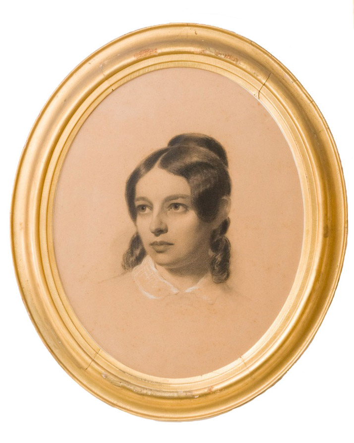 Bust-length portrait of woman in charcoal and chalk, in gold oval frame