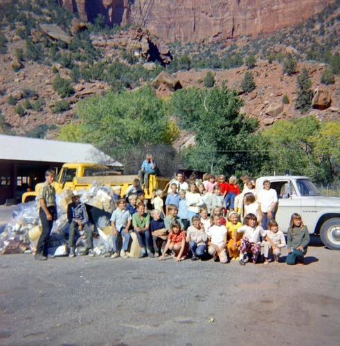 Elementary school group during the 'Litter School' held at the maintenance yard.