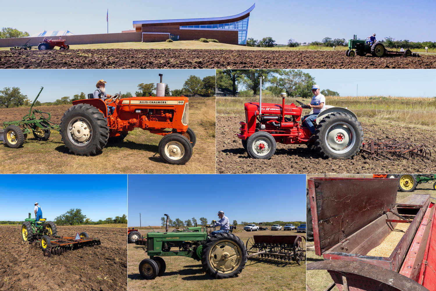 Collage of 6 photos shows 3 different tractors with 4 different rear attachments plowing and seeding the field outside Homestead NHP's Heritage Center.