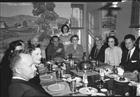 Family dinner at the LBJ Ranch, Lyndon B. Johnson National Historical Park, 1955.. Exact date unknown. Family dinner including (left to right): Jim and Josefa Moss, Rebekah Baines Johnson, Sen. Lyndon B. Johnson, Lynda Johnson (standing), Aunt Jessie, cousin Oriole, Lucia Alexander and Oscar Bobbitt. LBJ Library photo.
