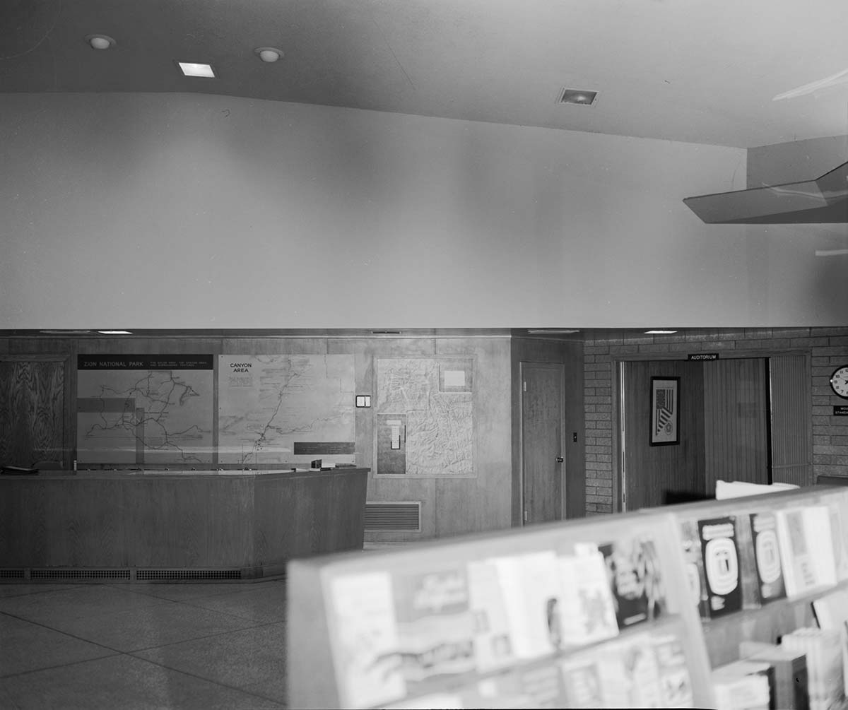 Interpretive display and a portion of the book shelves in the old Mission 66 Visitor Center and Museum.